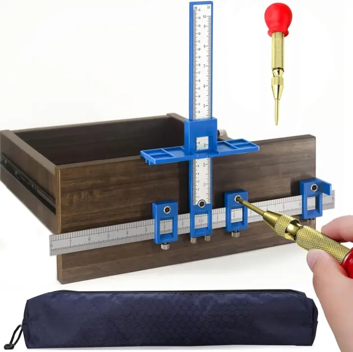 Cabinet Hardware Jig with Automatic Center Punch – Precision Handle & Drawer Pull Drilling Template Tool Set