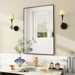 New Wall Mirror 24" x 36" Rectangular Bathroom Mirror with Metal Frame Hanging Mirrors for Living Room Bedroom Bathroom Entryway Hangs Horizontal or Vertical Black/Gold Decor Glass