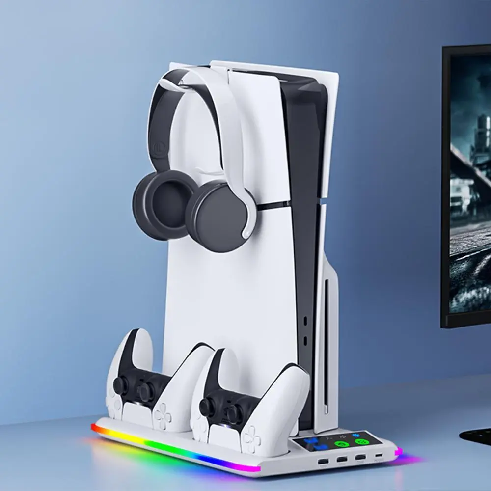 Multifunctional Cooling Stand for PS5/Slim/Pro, Console Cooling Station with RGB Light, Console Accessories for PS5/Slim/Pro, for Headphones, Gaming Items, Controller, Game, Charging Dock