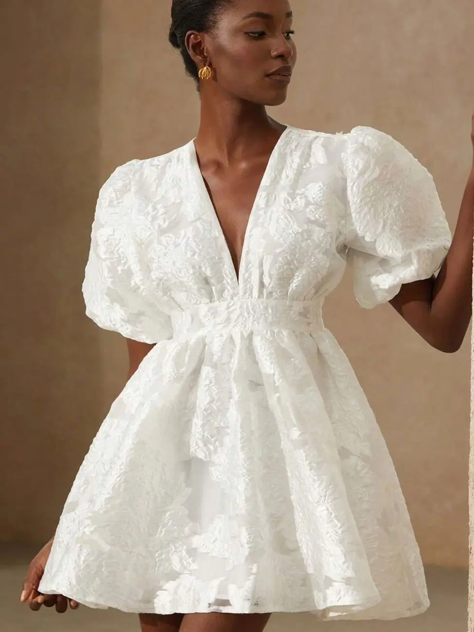 Heavy Embroidered Voile Floral Deep V-Neck Waist Gathered Petal Sleeve Maxi A-Line Dress For Women