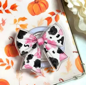 Aesthetic Pink Cow Print Coquette Bow Magnetic Phone Grip, Retro Western Ribbon Magsafe Kickstand, Trendy Girly Preppy Cowgirl Gift For Her
