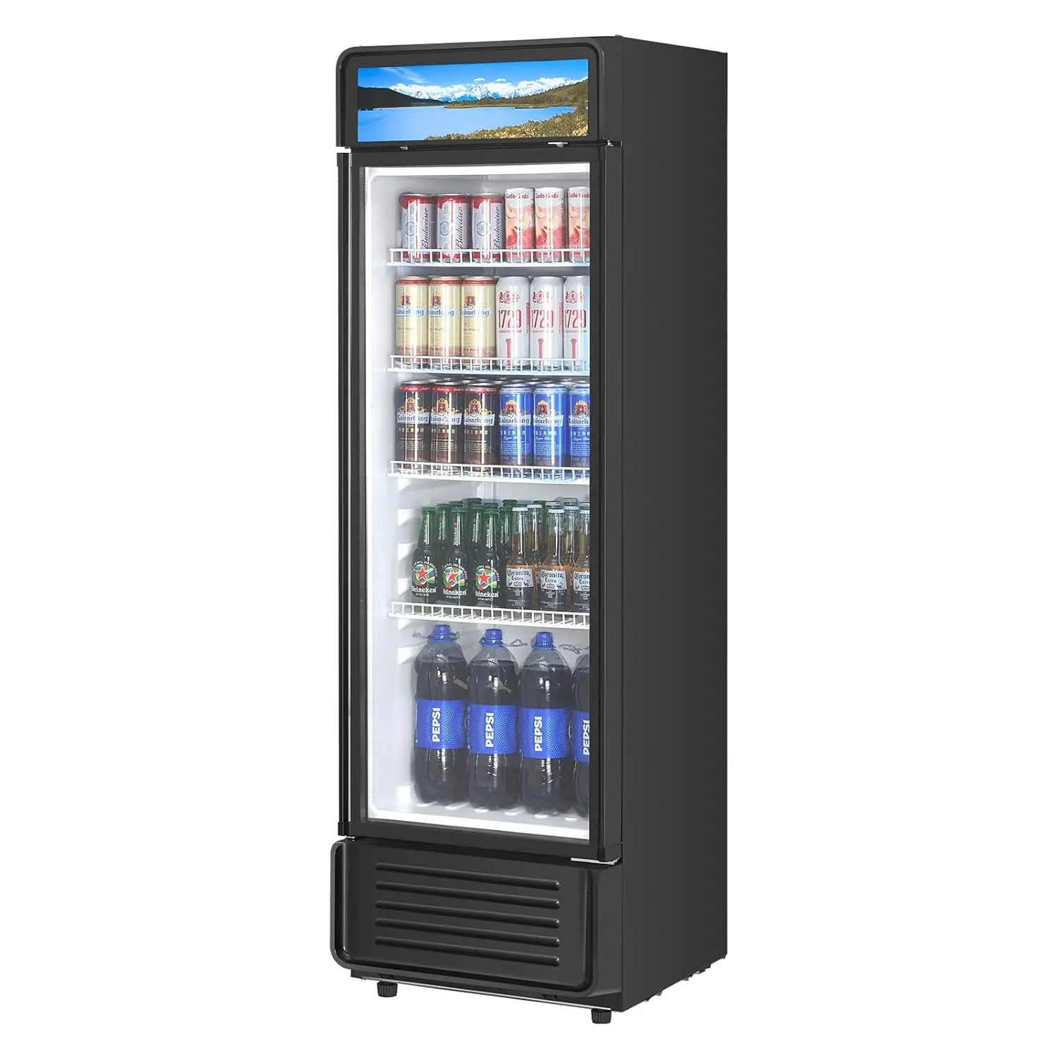 VEVOR 9.7 CU.FT High Capacity Commercial Merchandiser Refrigerator, Glass Door Beverage Display Cooler with 4 Adjustable Shelves, Soft LED Lighting, Customizable Lightbox, Auto Defrost, Rapid Cooling (Holds 240 Bottles), Black, 251 L, 7-Level Temperature,