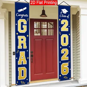 2D Flat,1 Pair, Class of 2026 Graduation Party Decorations, Navy Blue Gold Class of 2026 Graduation Happy Porch Banner Hanging Flag, Graduation Party Supplies, for School University