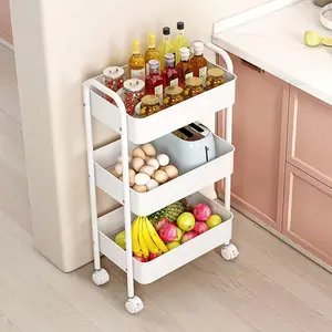 Three-Tier Compact Metal Storage Rack with Wheels & Handle Multi-Functional Mobile Cart for Kitchens & Under Desks Easy to Move Available in Pink & White