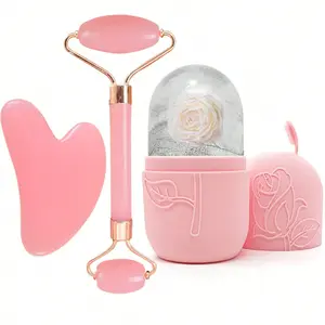 Three-Piece Ice Massage Roller Set, Facial Skincare Tool Kit, Silicone Ice Massage Rollers, Rose Quartz Massager with Scraping Board