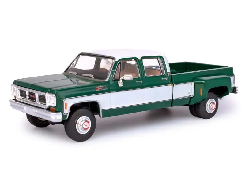 New 1973 GMC Sierra Grande 3500 Crew Cab Dually Classic Diecast Truck - 2-Tone Glenwood Green and Frost White, 1:64 Scale Model Cars, IXO America IA64006, Display Item for Ages 14+