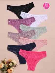 Women's Plain Contrast Lace Bikini Set, Fitted Low Waist Halter Neck Design, All-Season Casual Wear, 8-Piece Pack