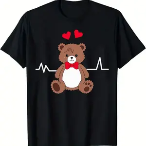 Cute Teddy Bear Illustration Black T-Shirt - Adorable Graphic Tee Featuring a Brown Teddy Bear with Red Bow Tie and Hearts, Soft Cotton Crew Neck, Perfect for Casual Wear, Gifts for Birthdays, Valentine's Day, or Just Because!100% cotton,sizes S-XX