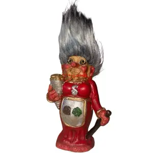 Troll de Abundancia Abundance Troll Decor with Gray Hair and Red Outfit Holding Gold Coins and Shamrock