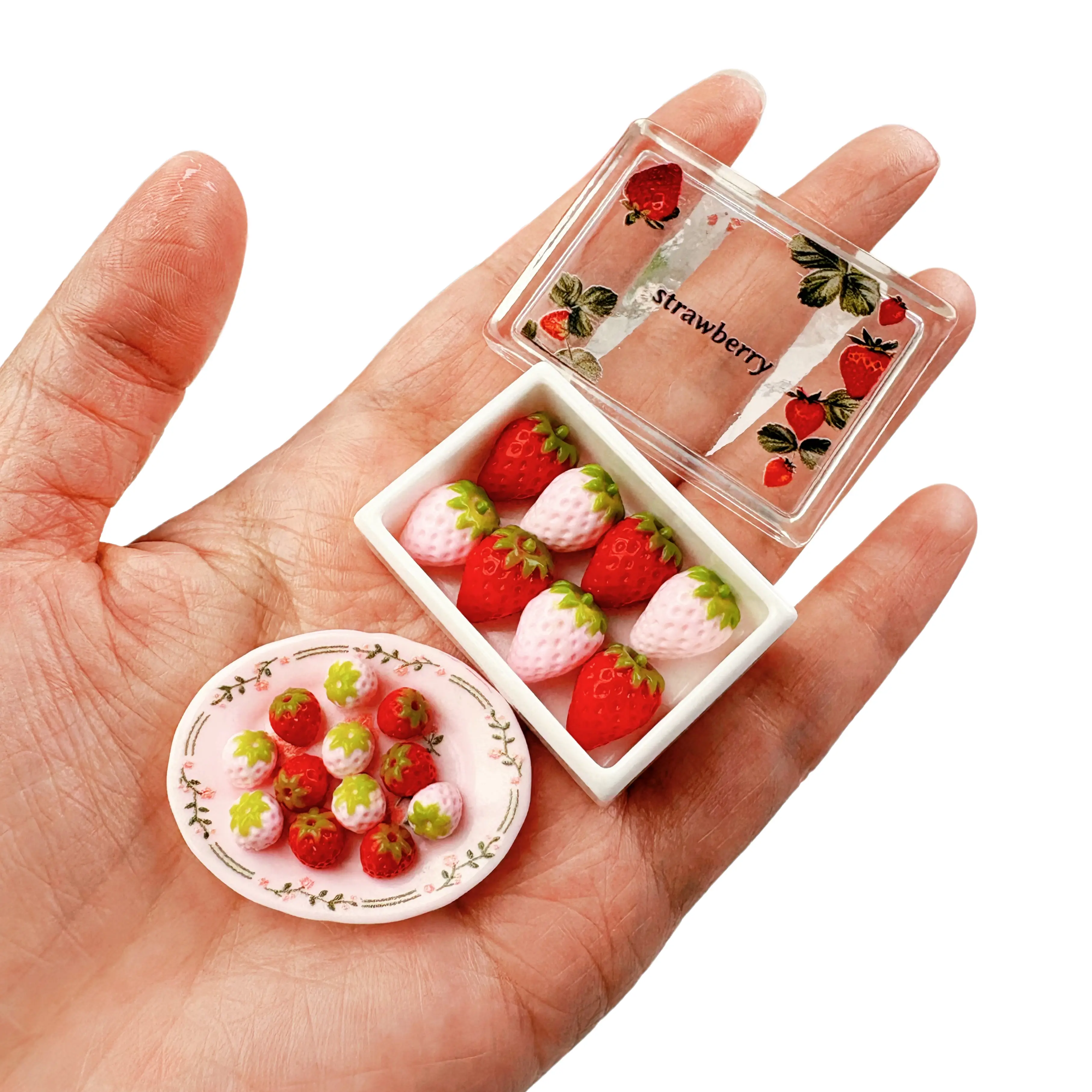 1/12 and 1/6 scale miniature strawberry taba squishy with box and plate