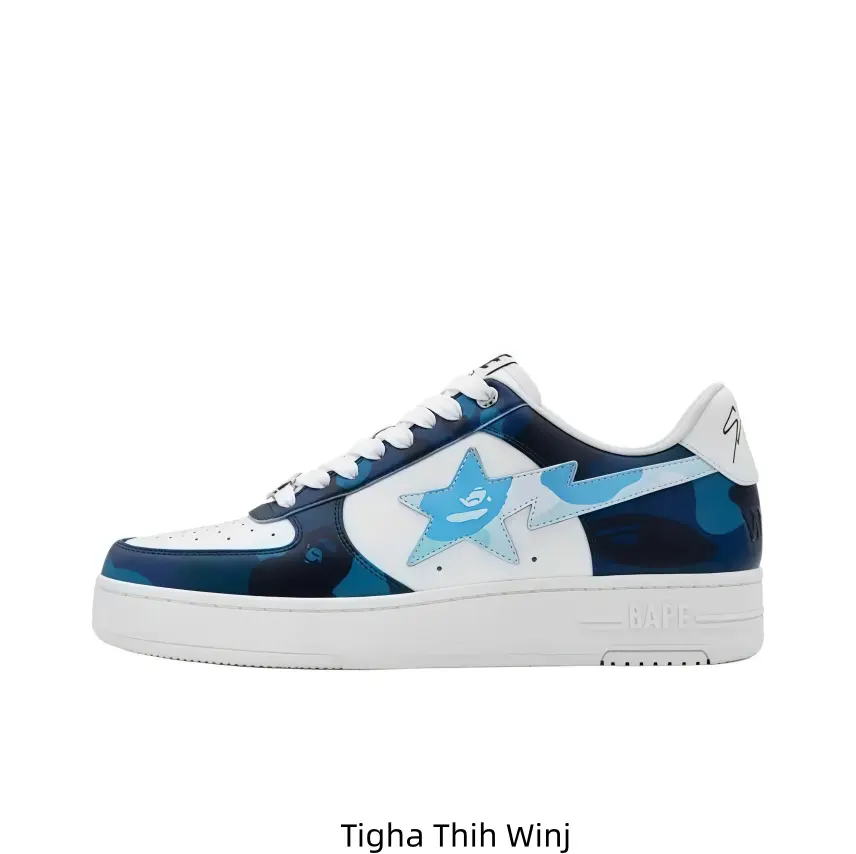 Unisex White and Navy Camo Low-cut Skate Sneakers Pale Blue Star Detail Smooth Leather Cushioned Street Footwear for Daily Wear