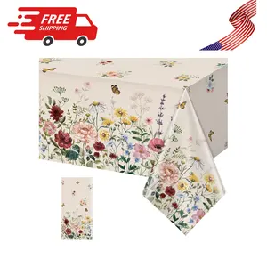 1 Pcs Spring Floral Tablecloth, Butterfly Wildflower Plastic Disposable Tablecloth Rectangle Table Covers 54 x 108 Inch