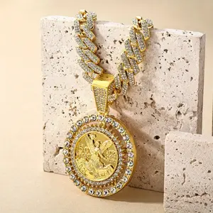 Unisex Mexican 50 Pesos Centenario Gold Plated Pendant Necklace with Rotating Angel, Religious Symbol Jewelry, Zinc Alloy with Luxurious Gold Finish, Vintage Cuban Link Chain, Ideal Gift