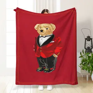 Cute Cartoon Suit Bear Pattern Plush Soft Lightweight Blanket, Lightweight Sofa Bed Decorative Throw, Perfect Gift for Friends Family Holidays