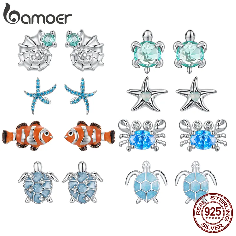925 Sterling Silver Crab Stud Earrings Enamel Marine Clownfish Ear Studs for Women Girls Sweet Summer Jewelry Gift