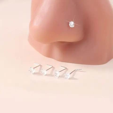 Elegant Women's Nose Ring Set, Simple Style Rhinestone Decor Nose Ring, L-shaped Studs for Daily Wear & Gift, Nose Piercing Jewelry, Body Jewelry