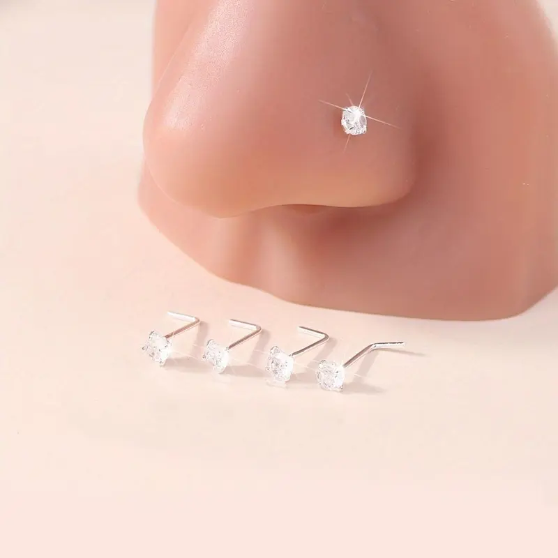 Elegant Women's Nose Ring Set, Simple Style Rhinestone Decor Nose Ring, L-shaped Studs for Daily Wear & Gift, Nose Piercing Jewelry, Body Jewelry