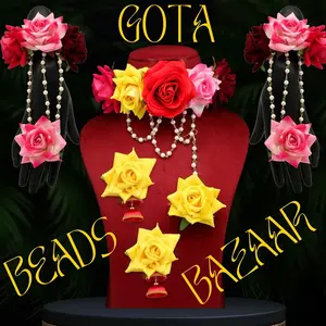Multi Color Roses Haldi Bridal Set - Choker, Earrings, Tikaa, 2 Hathpool (Panja) Artificial Flowers Jewelry