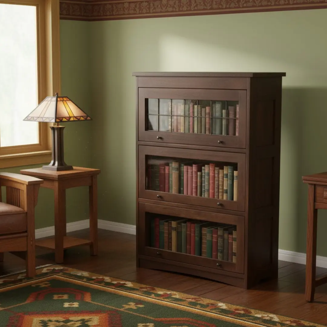 Mission Craftsman Style Oak Barrister Bookshelf - Walnut Stain, Leaded Glass, Wooden Furniture for Book Storage