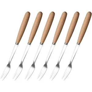 6 Pcs Wooden Handle Stainless Steel Two Prong Forks Fruit Cake Appetizer Forks