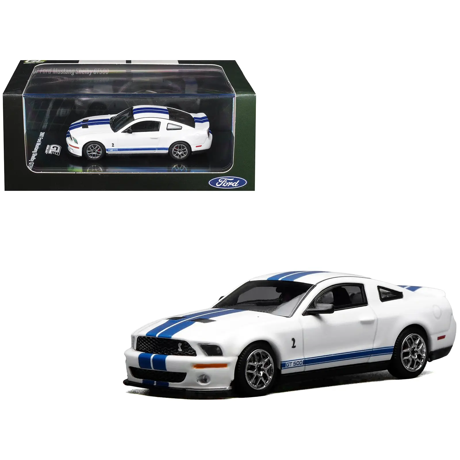 2007 Ford Mustang Shelby GT500 Performance White with Blue Stripes 1/64 Diecast Model Car by MotorHelix & Greenlight