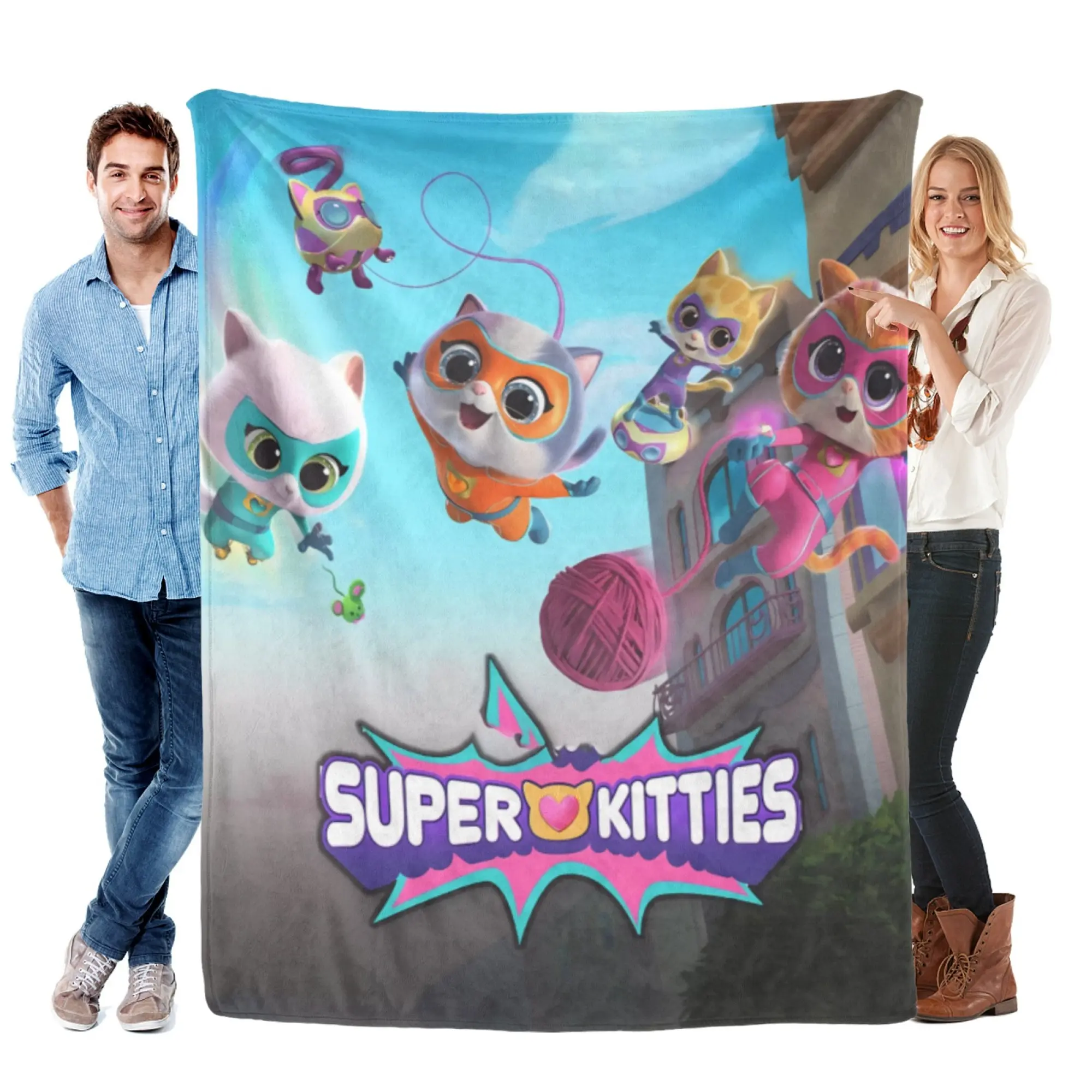 Super Kitties Full-Character Cartoon Flannel Throw Blanket, Premium Ultra-Soft Warm Fluffy Flannel Blanket, Multi-Purpose Home Decor for Kids Bedroom, Playroom, Sofa and Bed, Lovely Birthday Holiday Gift For Young Super Kitties Cartoon Fans