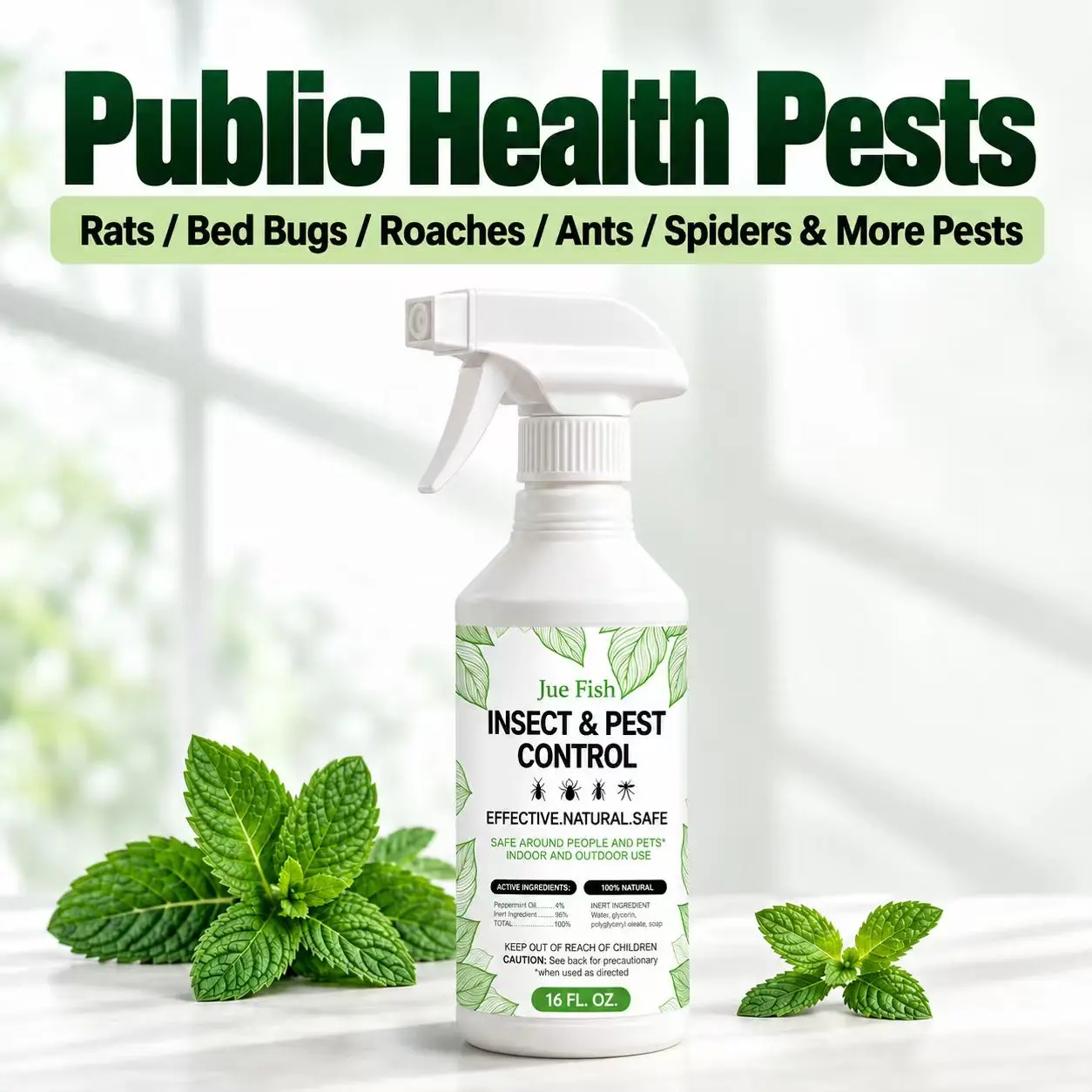 Jue Fish Peppermint Oil Bug Repellent‑16oz, Plant‑Based Formula‑Works for Mice, Bed Bugs, Ants, Cockroaches, Spiders and More‑Fresh Mint Scent‑Safe for Use Around Children & Pets