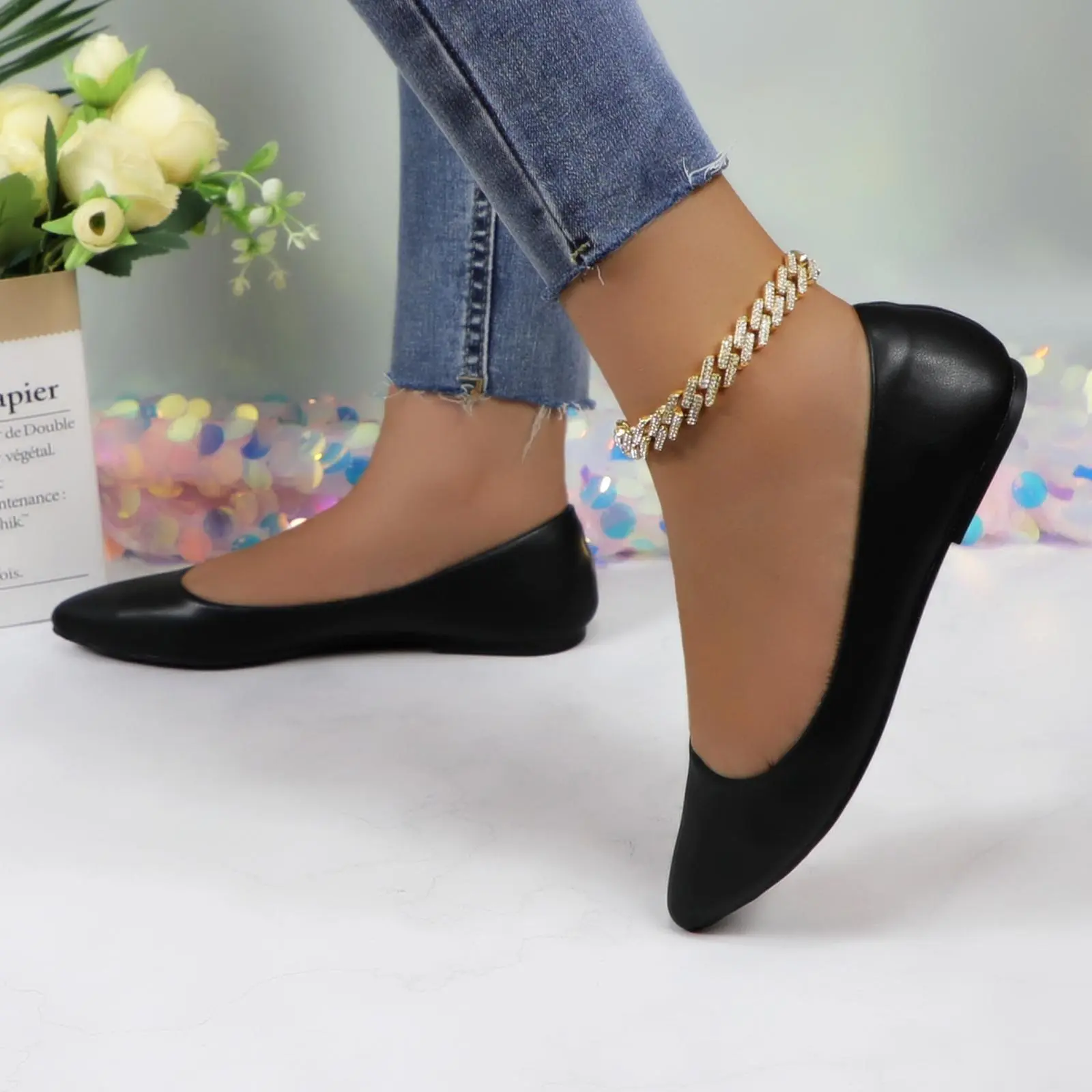 Women's PU Leather Pointed Toe Ballet Flats Solid Color Elegant Breathable Plain Flat Walking Shoes Comfortable Lightweight Non-slip Soft Slip-on Casual Girl Ballerina Footwear for Work Office Daily Wear