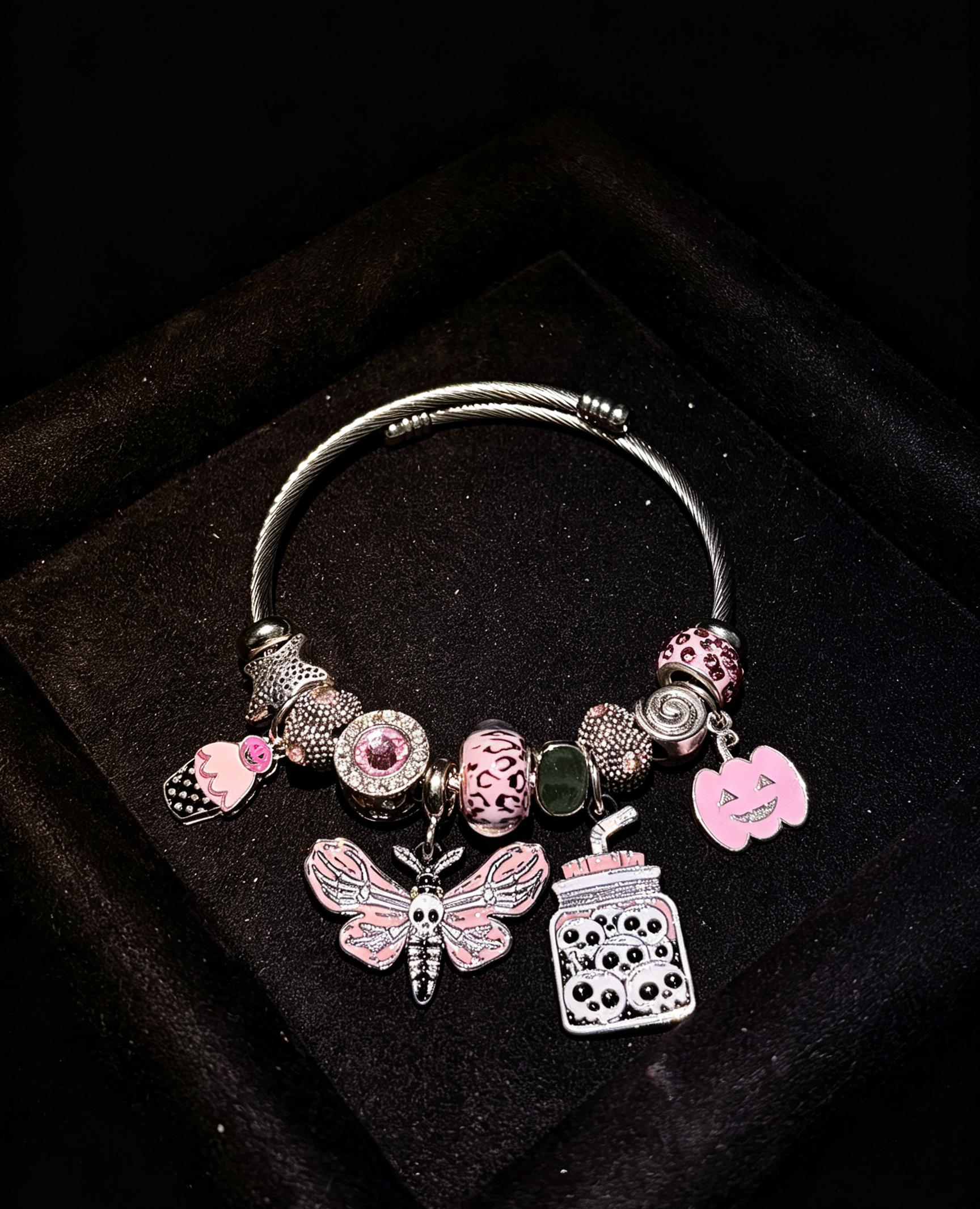 Silver Tone Halloween Pink Skull Moth Charm Bangle, Pink Pumpkin & Skull Jar Enamel Beaded Bracelet, Gothic Spooky Adjustable Cable Wire Bracelet Jewelry for Women