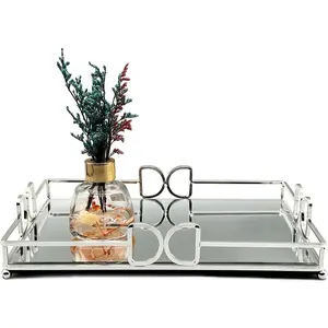 Decorative Tray, Bright Silver, Modern Premium Feeling Perfume Tray, Luxury Rust-Proof Glass Tray for Bathroom, Dresser, Bedroom