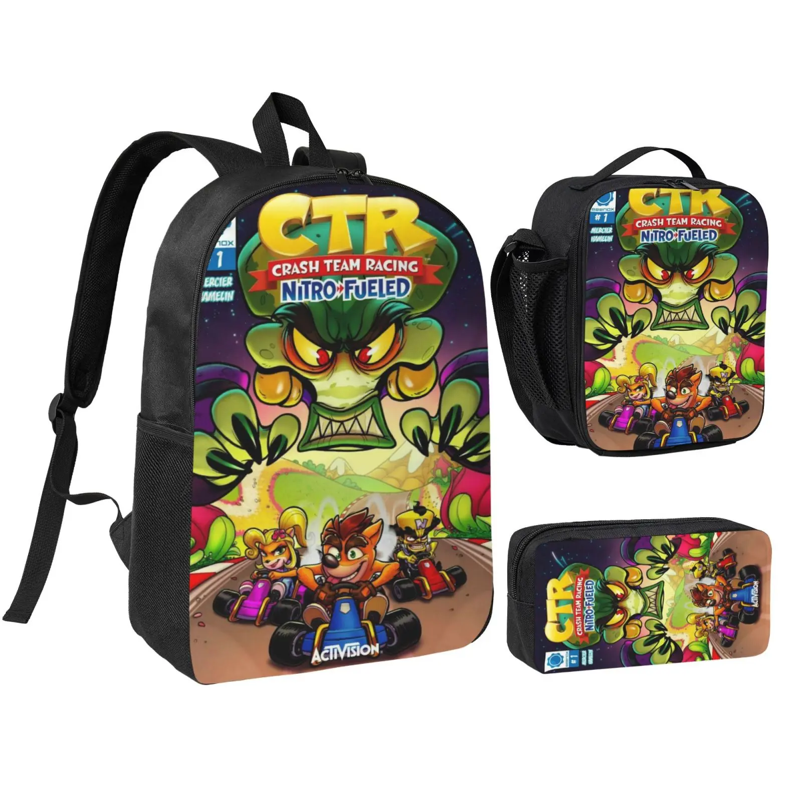3PCS Crash Bandicoot Large-Capacity Matching Backpack Set - Heavy-Duty Water-Resistant Fabric, Sturdy, Scratch-Resistant Casual Daypack for Girls with Insulated Lunch Kit, Pencil Pouch - Ideal for Daily School Runs, Family Trips, Matching Sets, Elementary
