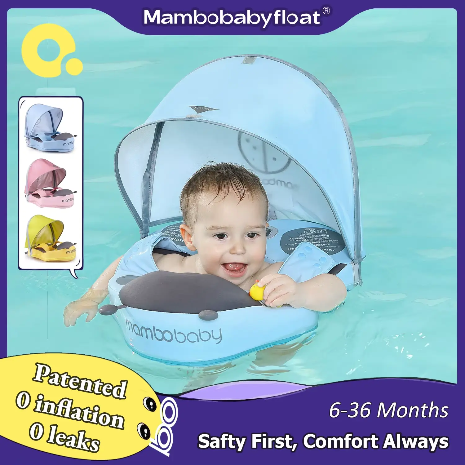 Non-Inflatable Baby Swimming Float with Removable UPF 50+ Sunshade Solid Pearl-Foam Infant Pool Floater - Anti-Flip Safety Waist Float for Kids 3-24 Months - Leak-Proof Outdoor Water Toy, Kids Outdoor Play, Pool Accessories