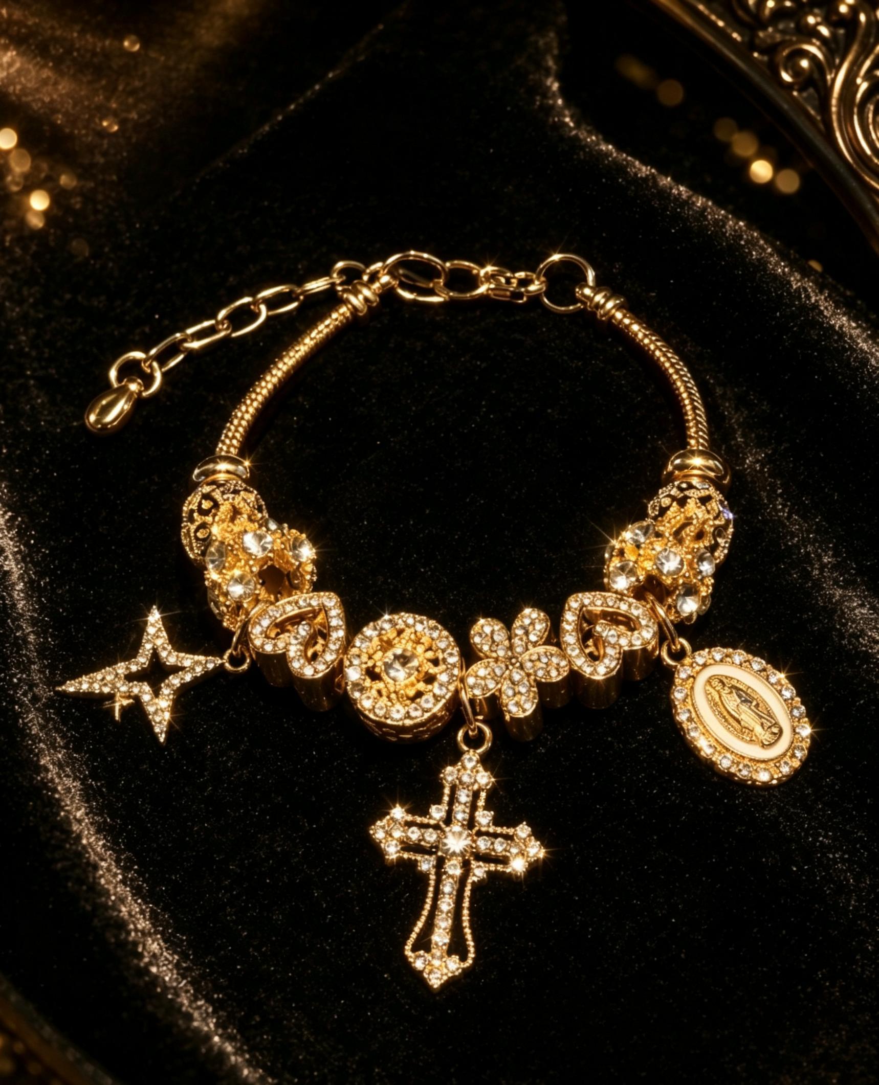 Vintage Gold Tone Cross Charm Beaded Bracelet, Rhinestone Star Heart Virgin Mary Pendant Snake Chain Bracelet Vintage Gold Tone Cross Charm Beaded Bracelet, Rhinestone Star Heart Virgin Mary Pendant Snake Chain Bracelet