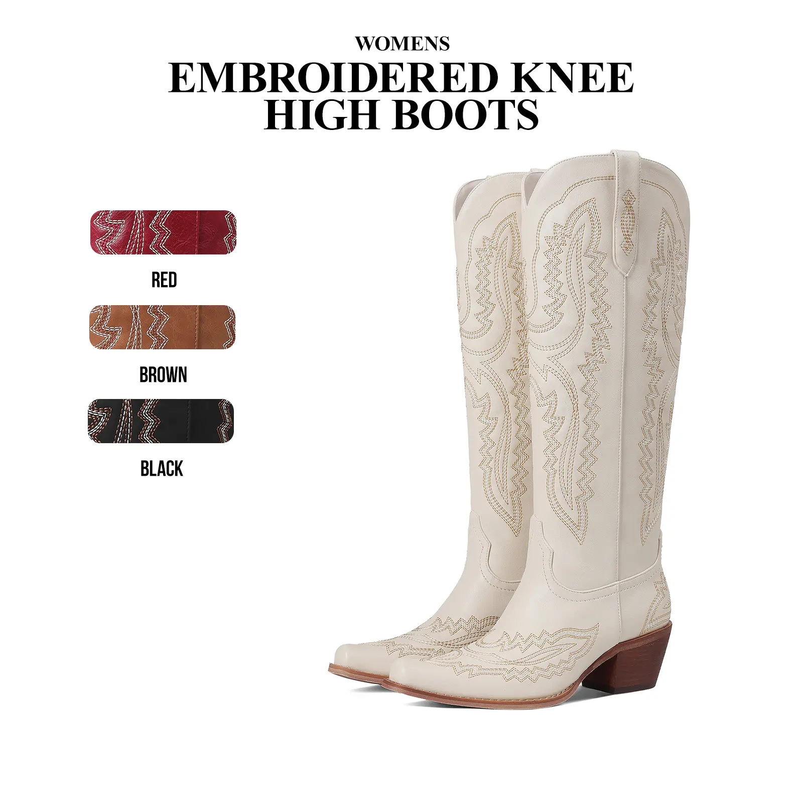 CYNLLIO Womens Embroidered Cowboy Knee High Boots Snip Toe Chunky Block Heel Pull On Side Zipper Comfy Fashionable Party Outing Holiday Concert Dress Summer Western Cowgirl Boot