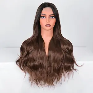 28 Inch Wigs for Women Small Lace Synthetic Heat Resistant Fiber Wigs Middle Part Natural Looking Long Wave Wigs for Daily Party Cosplay Wear Ombre Brown 28 Inch Loose Wave Wig