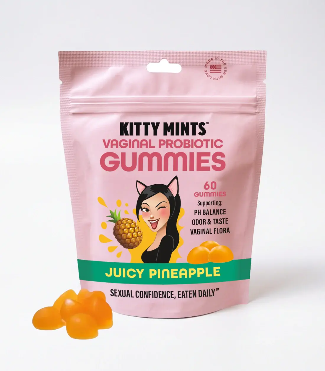 Women's Kitty Mints Probiotic Gummies - Juicy Pineapple Flavor, pH Balance Support, Feminine Flora Support, Vitamin C, Vegan, Sugar-Free Healthcare Supplement