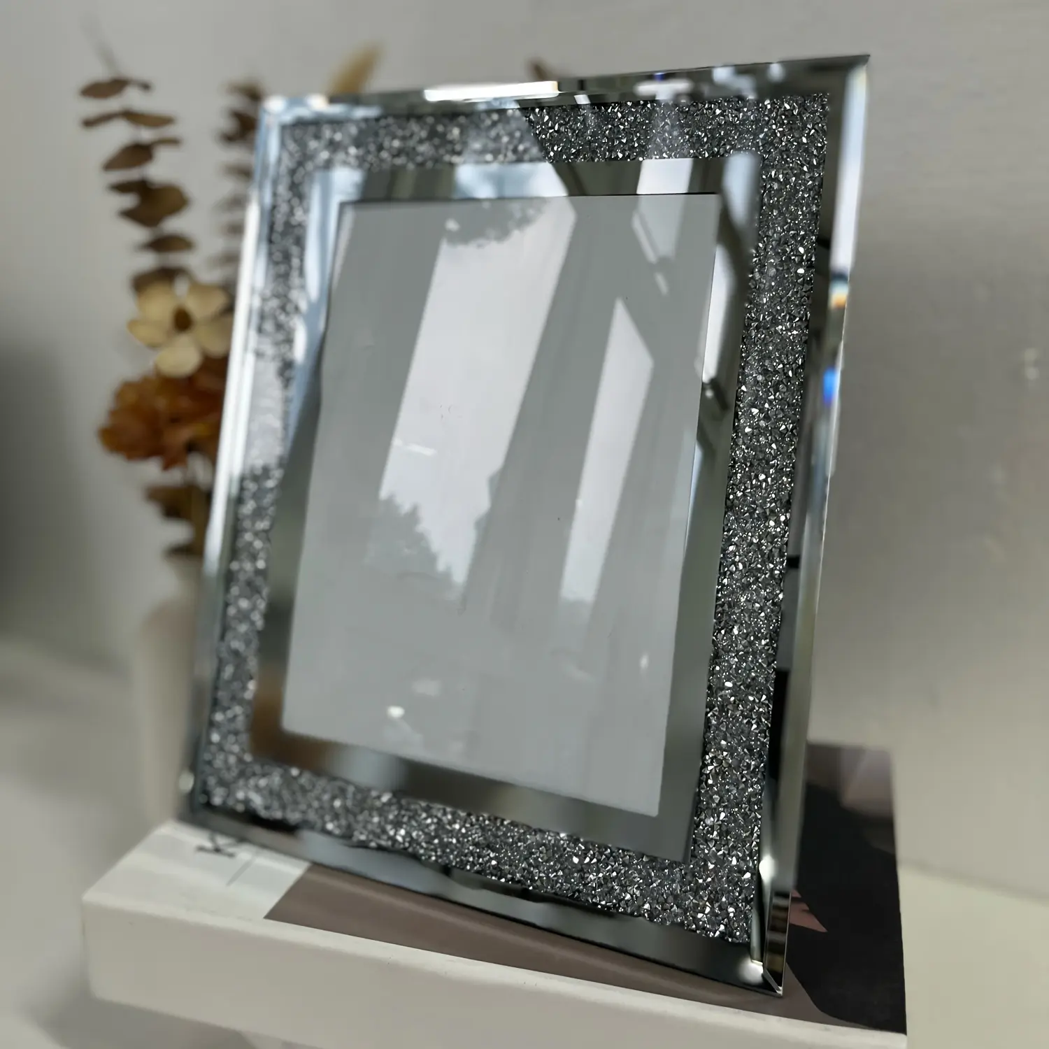 1pc Crystal Glass Diamond Silver Mirror Photo Frame, 5X7 Or 6X8 Inches 2 Sizes, High-End Light Luxury Certificate Diploma Photo Display Frame, Desktop Ornament Graduation Gift Photo Wall, Mirrored Panel Frame, Durable Frame