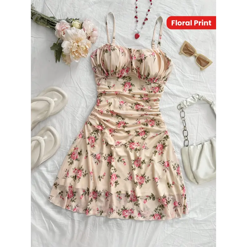 Women's Boho Floral Ruffle Slip Dress FC1502920 - Slim Fit Shift, Adjustable Spaghetti Straps, Blush Pink Woven Poly Blend, Slide-On, Elegant Casual, Sleeveless, Machine Washable, Do Not Dry Clean, Elastane, Boho Casual Fashion