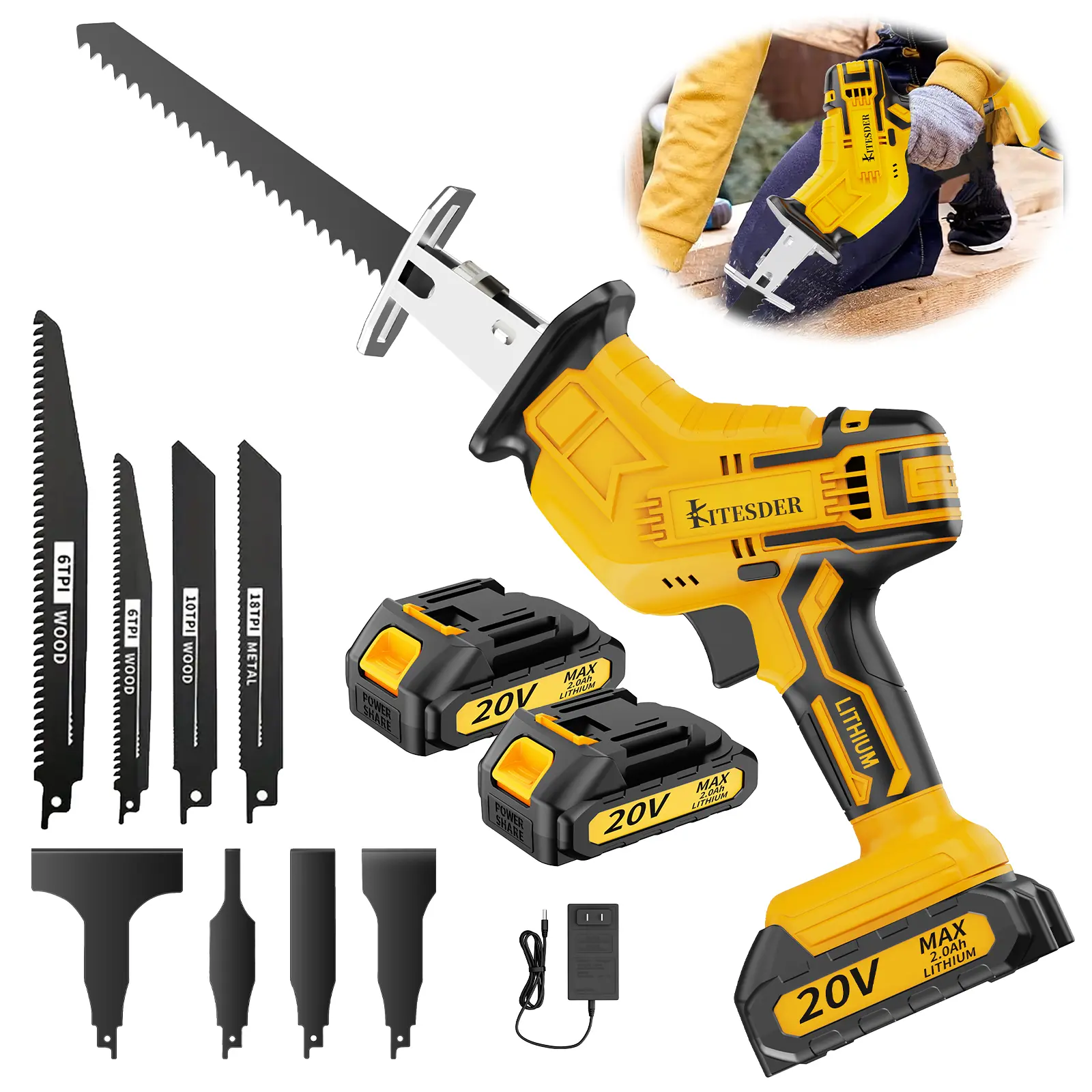 KITESDER 20V MAX Cordless 1-Handed Reciprocating Saw Kit - Battery Powered Saws, Brushless Motor (Brushless Rotary Saw), Stepless Speed Regulation, Tool-Free Blade Change, 8 Blades for Woodworking, Metal Cutting, PVC Cutting, Wireless Hand Saw