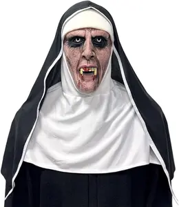 NTSWZYS Full Head Realistic Evil Nun Mask with Headscarf, Scary Nun Costume Mask with Bloody Mouth for Halloween Party Props