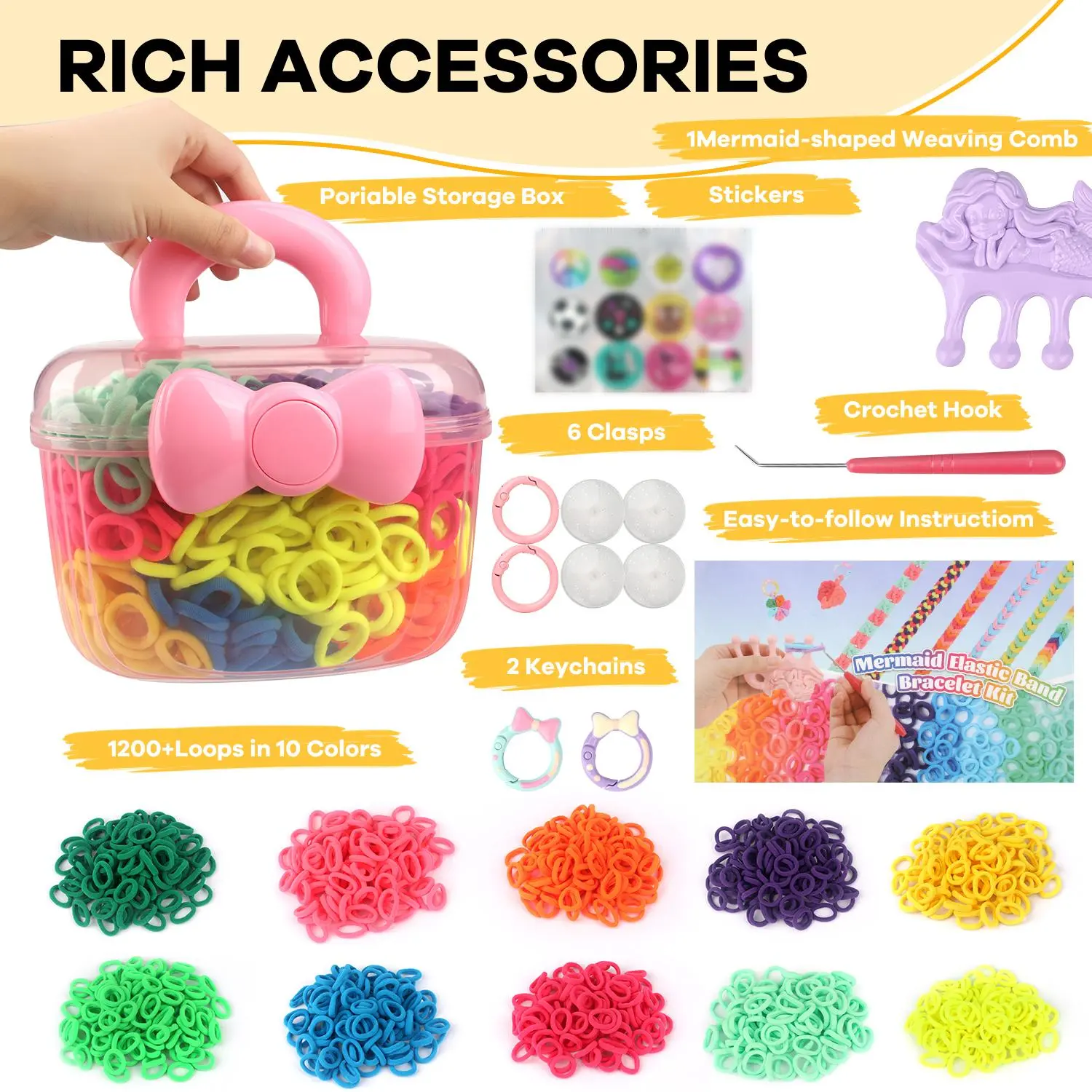 DIY Loom Rubber Band Bracelet Making Kit, 1200Pcs Colorful Elastic Weaving Bands with Mermaid Comb, Screen-Free Art Craft Gift Set for Girls