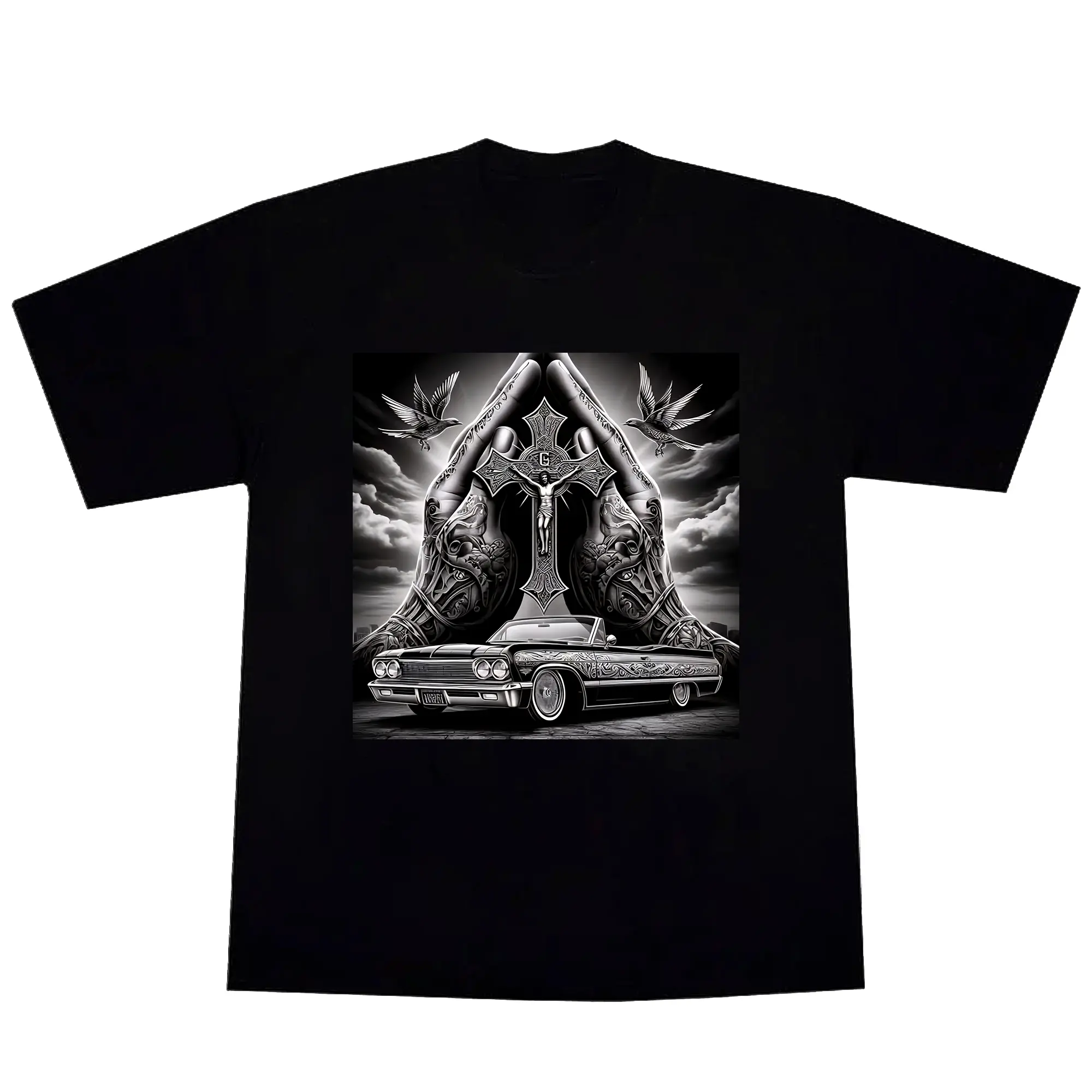 Men's Cotton T-Shirt with Vintage Old School Latino Tattoo Graphic, Casual Fashion Short-Sleeve Top featuring Lowrider and Praying Hands