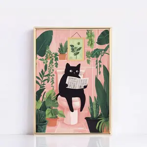 Funny Bathroom Poster Cat Reading Newspaper Print Toilet Wall Art Vintage Cat Print Whimsical Art for Your Space Retro Wall Art Quirky Design Party Decor