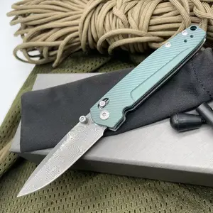 Handmade Damascus Steel Folding Knife, Lake Blue Anodized Titanium Handle EDC Pocket Knife with Ball Bearing Fast Open, Lightweight Utility Knife for Outdoor Camping