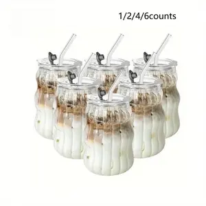 1/2/4/6 Counts vertical with glass straw and lid, Stylish glass cups, versatile, suitable for water, soda, tea, coffee, beer, suitable for Christmas, Halloween, Easter, Hanukkah, and Thanksgiving