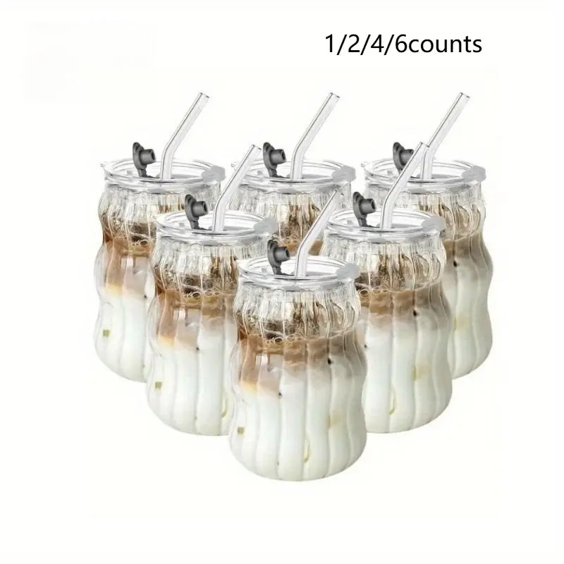 1/2/4/6 Counts vertical with glass straw and lid, Stylish glass cups, Drinkware, versatile, suitable for water, soda, tea, coffee, beer, suitable for Christmas, Halloween, Easter, Hanukkah, and Thanksgiving