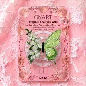 Green Butterfly Floral MagSafe Acrylic Phone Grip, Cute White Flower Botanical Magnetic Phone Holder, Cottagecore Fairycore Aesthetic Girl Phone Stand Ring Gift