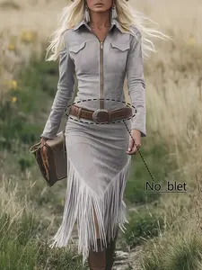 Women's Faux Suede Fringe Midi Dress, Long Sleeve Zip-Up Bodycon Dress, Western Cowgirl Style Party Dress, Bohemian Retro Outfit, Ladies Casual Dress, Womenswear, Fringe Hem Dress for Concert & Vacation