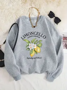 Women's Lemon & Letter Print Drop Shoulder Sweatshirt, Casual Thermal Lined Long Sleeve Round Neck Pullover for Fall & Winter, Ladies Clothes for Daily Wear