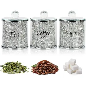Coffee Sugar Tea Crystal Canister Set of 3, Sparkly Crystal Crushed Diamonds Home Decor, Silver Kitchen Coffee Jar Storage Set with Label & Lid,Storage Container Set for Countertop, Dining Room